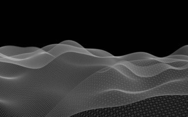 Siyah arka plan üzerinde soyut gri manzara. Siber uzay şebekesi. merhaba teknoloji ağı. 3d teknoloji illüstrasyon. Alan derinliği. 3d illüstrasyon