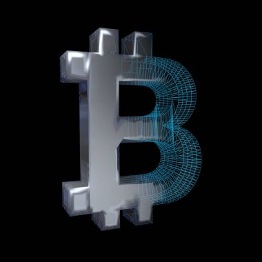 Bitcoin işareti, platin veya gümüş siyah bir arka plan üzerinde mavi bir ızgara dönüşür. 3d illüstrasyon