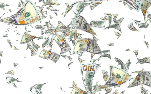 Notas de dólares voadores isoladas no fundo branco. O dinheiro está a voar no ar. 100 notas dos EUA nova amostra. Ilustração 3D — Fotografia de Stock