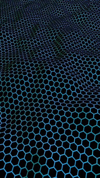 Effetto onda a nido d'ape su sfondo verde blu. Vista prospettiva sul poligono assomigliare a nido d'ape. Geometria isometrica. Orientamento verticale dell'immagine. Illustrazione 3D — Foto Stock