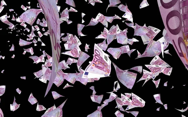 Flying euro banknotes isolated on a dark background. Money is flying in the air. 500 EURO in color. 3D illustration — Stock Photo, Image