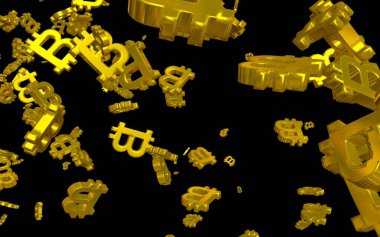 Karanlık bir arka planda dijital para birimi sembolü Bitcoin. Bitcoin düşüşü. Sanal ekranda kripto para birimi grafiği. İş, finans ve teknoloji kavramı. 3B illüstrasyon