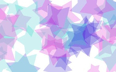 Beyaz arkaplanda çok renkli yarı saydam yıldızlar. Kırmızı tonlar. 3B illüstrasyon