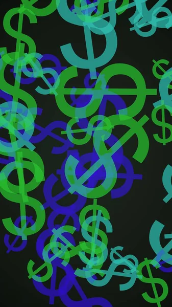 Різнокольорові прозорі знаки долара на темному тлі. Зелені тони. 3D ілюстрація — стокове фото