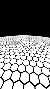 Koyu arka plandaki beyaz petek. Çokgen in perspektif görünümü petek gibi görünüyor. Top, gezegen, ağ, petekler, hücrelerle kaplı. 3d illüstrasyon
