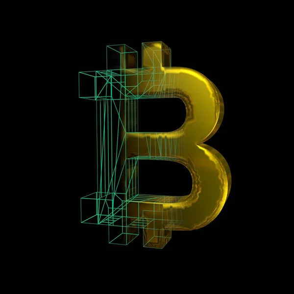 Bitcoin-signering, det grønne rutenettet blir til gull på svart bakgrunn. 3D-illustrasjon – stockfoto