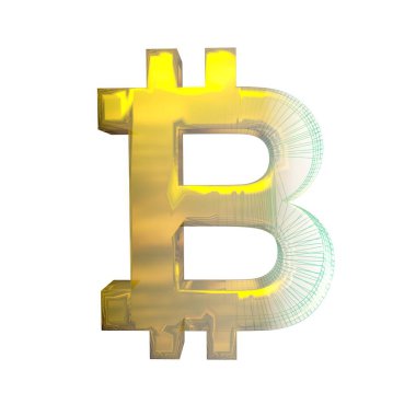 Bitcoin işareti, yeşil şebeke beyaz arka planda altına dönüşür. 3B illüstrasyon