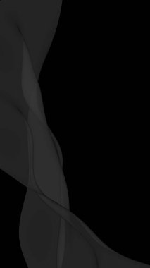 Siyah soyut arka plan. Kanat çırpan siyah eşarp. Rüzgâr siyah kumaşında sallanıyor. Dikey oryantasyon. 3B illüstrasyon