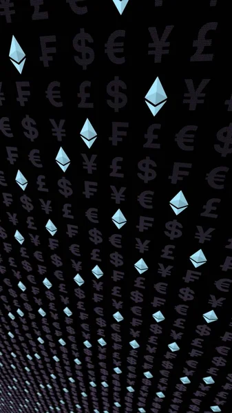 Ethereum Crystal Och Valuta Mörk Bakgrund Symbol För Digital Krypto — Stockfoto