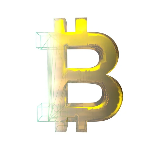 Signo Bitcoin Cuadrícula Verde Convierte Oro Sobre Fondo Blanco Ilustración —  Fotos de Stock