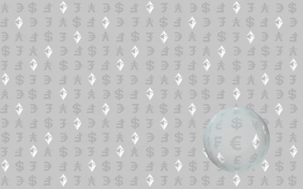灰色の背景にイーサリアムの古典と通貨 デジタル暗号記号 通貨バブル 波動効果 市場の変動 ビジネスコンセプト 3Dイラスト — ストック写真