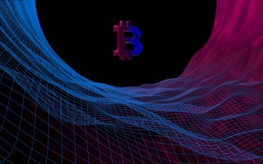 Soyut karanlık arka planda dijital para birimi sembolü Bitcoin. Kripto para piyasasının büyümesi. İş, finans ve teknoloji konsepti. 3d illüstrasyon
