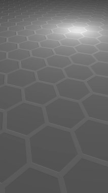 Gri arka plandaki petek. Çokgen in perspektif görünümü petek gibi görünüyor. Ekstrüde, yumru hücresi. Biyometrik geometri. Dikey görüntü yönlendirmesi. 3d illüstrasyon