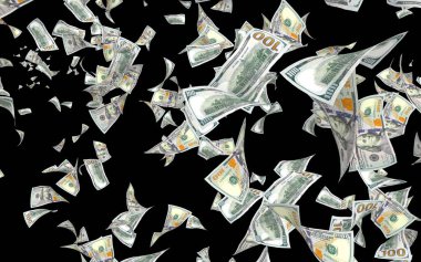 Dolar banknotlar uçan koyu arka plan üzerinde izole. Para havada uçuyor. 100 ABD banknotlar yeni örnek. 3D çizim