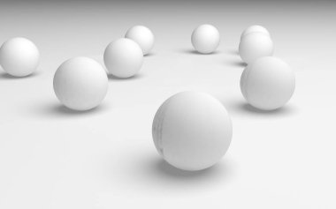 Beyaz soyut arka plan. Beyaz toplar beyaz arka planda izole edilmiş. 3B illüstrasyon