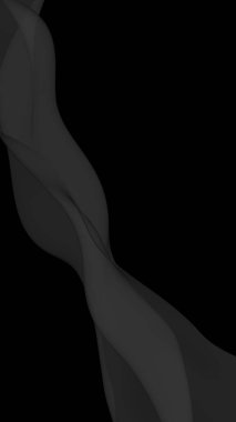 Siyah soyut arka plan. Kanat çırpan siyah eşarp. Rüzgâr siyah kumaşında sallanıyor. Dikey oryantasyon. 3B illüstrasyon