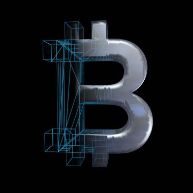 Bitcoin işareti, platin veya gümüş siyah bir arka plan üzerinde mavi bir ızgara dönüşür. 3d illüstrasyon