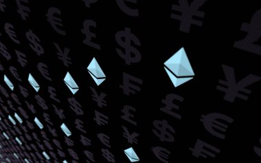Ethereum kristal ve para karanlık bir arka plan üzerinde. Dijital kripto para birimi sembolü. İş konsepti. Piyasa Ekranı. 3d illüstrasyon