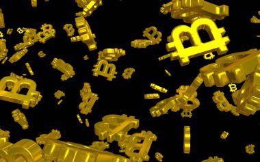 Karanlık bir arka planda dijital para birimi sembolü Bitcoin. Bitcoin düşüşü. Sanal ekranda kripto para birimi grafiği. İş, finans ve teknoloji kavramı. 3B illüstrasyon