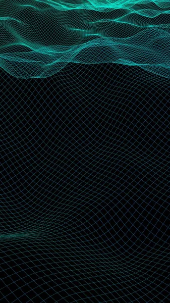 抽象的な風景の背景 サイバースペースグリーングリッド ハイテクネットワーク 3Dイラスト 垂直方向 — ストック写真