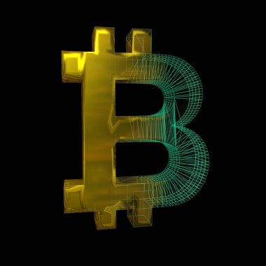 Bitcoin işareti, yeşil şebeke siyah arka planda altına dönüşür. 3B illüstrasyon