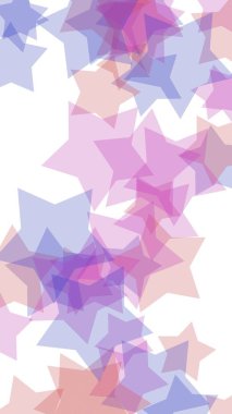 Beyaz arkaplanda çok renkli yarı saydam yıldızlar. Dikey görüntü yönlendirmesi. 3B illüstrasyon