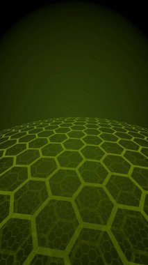 Bal peteklerinin çok katmanlı küresi, koyu arkaplanda sarı, sosyal ağ, bilgisayar ağı, teknoloji, küresel ağ. 3B illüstrasyon