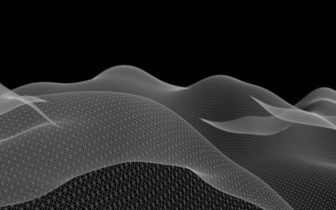 Siyah arka plan üzerinde soyut gri manzara. Siber uzay şebekesi. merhaba teknoloji ağı. 3d teknoloji illüstrasyon. Alan derinliği. 3d illüstrasyon