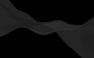 Siyah soyut arka plan. Kanat çırpan siyah eşarp. Rüzgâr siyah kumaşında sallanıyor. 3B illüstrasyon