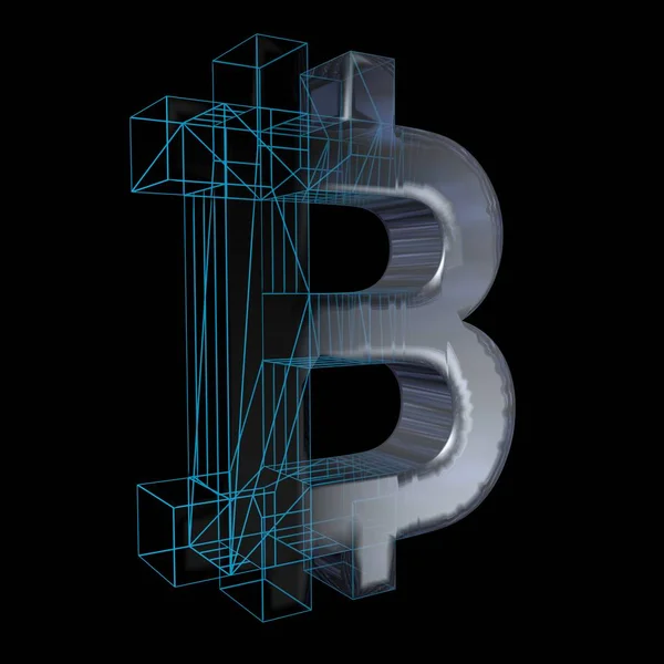 Znak Bitcoin Platyna Lub Srebro Zamienia Się Niebieską Siatkę Czarnym — Zdjęcie stockowe