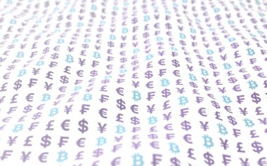 Beyaz arka planda Bitcoin ve para birimi. Dijital kripto para birimi sembolü. Dalga etkisi, döviz piyasası dalgalanmaları. İş konsepti. 3B illüstrasyon
