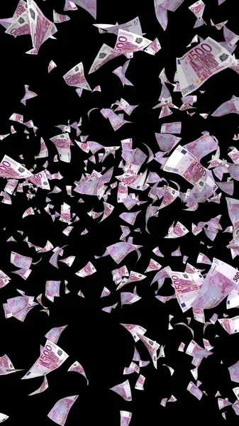 暗い背景に隔離されたユーロ紙幣を飛ばしています お金が飛んでいる 色で500ユーロ 3Dイラスト — ストック写真