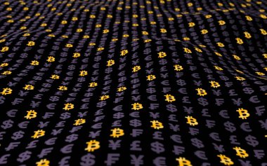 Bitcoin ve para birimi karanlık bir arkaplanda. Dijital şifreleme sembolü. Dalga etkisi, piyasa dalgalanmaları. İş konsepti. 3B illüstrasyon