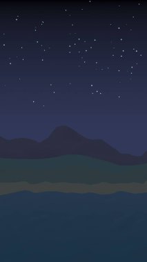 Yıldızlı aysız gökyüzü. Sahilde dalgalarla okyanus kıyısı. Dalgalar ile Ada plaj cenneti. Tatil, yaz, rahatlama. Deniz manzarası, deniz kıyısı. Minimalist manzara, ilkellik. 3d illüstrasyon