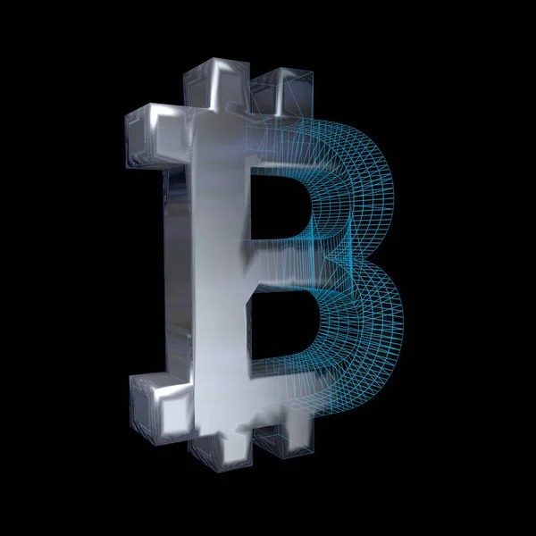 Bitcoin Sign Platinum Silver Turns Blue Grid Black Background Illustration — Stock Photo, Image