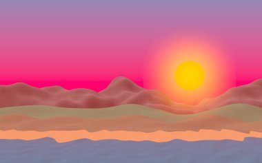 Sun Sea Beach. Sunrise. Sahilde dalgalarla okyanus kıyısı. Dalgalar ile Ada plaj cenneti. Tatil, yaz, rahatlama. Deniz manzarası, deniz kıyısı. Minimalist manzara, ilkellik. 3d illüstrasyon