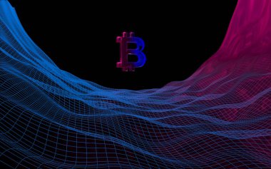 Soyut karanlık arka planda dijital para birimi sembolü Bitcoin. Kripto para piyasasının büyümesi. İş, finans ve teknoloji konsepti. 3d illüstrasyon