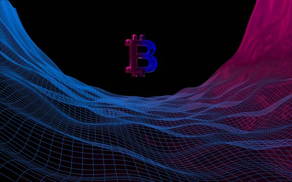 Soyut karanlık arka planda dijital para birimi sembolü Bitcoin. Kripto para piyasasının büyümesi. İş, finans ve teknoloji konsepti. 3d illüstrasyon