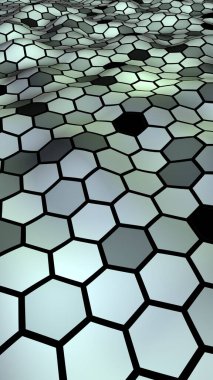 Değişken renkte bir bal peteği. Çokgenin perspektif görüntüsü bal peteğine benziyor. Dalgalı yüzey. İzometrik geometri. 3B illüstrasyon