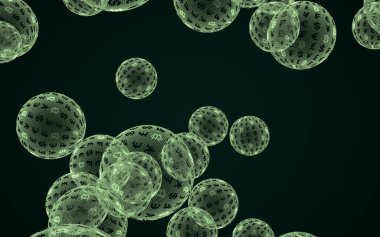 Bitcoin ekonomik balonu. Şifreli para birimi 3 boyutlu illüstrasyon. İş konsepti. Koyu arkaplanda yeşil kabarcıklar