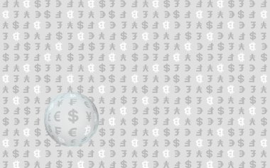 Gri arka planda Bitcoin ve para birimi. Dijital kripto para birimi sembolü. İş konsepti. Piyasa görüntüsü. 3B illüstrasyon
