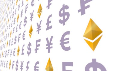 Ethereum klasik ve para beyaz bir arka plan üzerinde. Dijital kripto sembolü. İş konsepti. 3d illüstrasyon