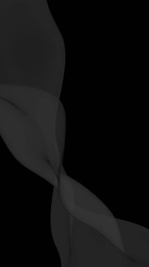 Siyah soyut arka plan. Kanat çırpan siyah eşarp. Rüzgâr siyah kumaşında sallanıyor. Dikey oryantasyon. 3B illüstrasyon