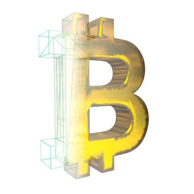 Bitcoin işareti, yeşil şebeke beyaz arka planda altına dönüşür. 3B illüstrasyon