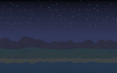 Yıldızlı aysız gökyüzü. Sahilde dalgalarla okyanus kıyısı. Dalgalar ile Ada plaj cenneti. Tatil, yaz, rahatlama. Deniz manzarası, deniz kıyısı. Minimalist manzara, ilkellik. 3d illüstrasyon