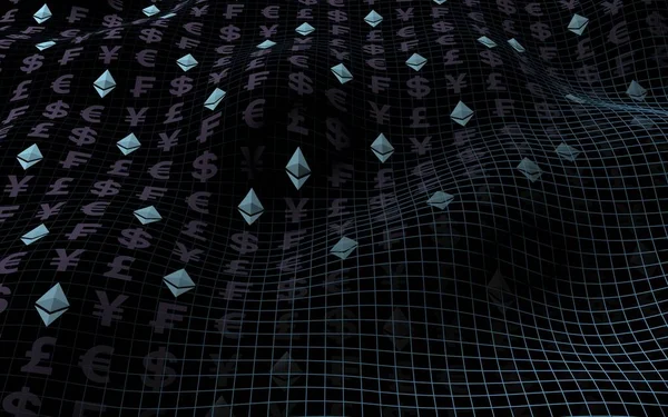 Ethereum kristal ve para karanlık bir arka plan üzerinde. Dijital kripto para birimi sembolü. İş konsepti. Piyasa Ekranı. 3d illüstrasyon