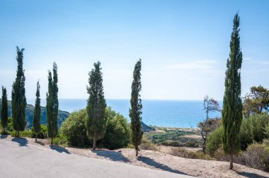 Ege Denizi'ne bakan selvi. Rhodes. Yunanistan.