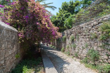 Rodos 'un Rodos, Old Town, Rhodes Adası' nın tarihi bölgesinde ikamet eden ortaçağ konutları. Yunanistan. Avrupa.