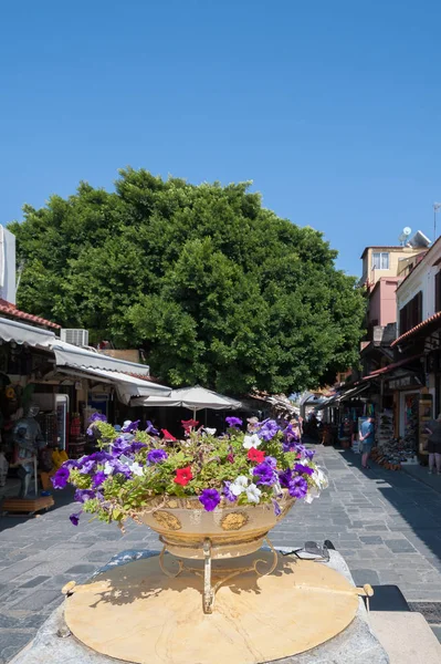 Rodos, Yunanistan. 05/30/2018. Altın çiçek vazosu. Çiçekli saksı. Rodos, Old Town, Rodos Adası, Yunanistan, Avrupa.