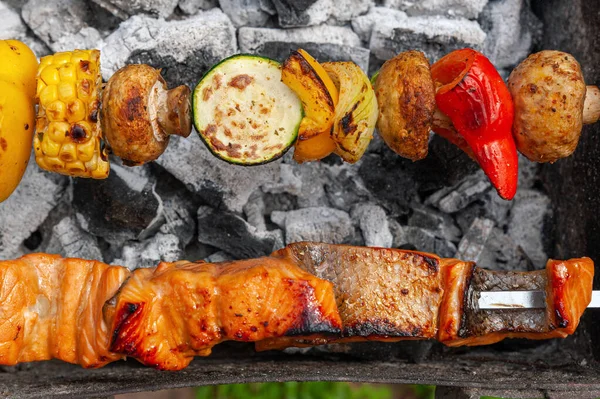 Variety Meat Fish Vegetable Ingredients Put Metal Skewers Placed Charcoal — Stock Photo, Image